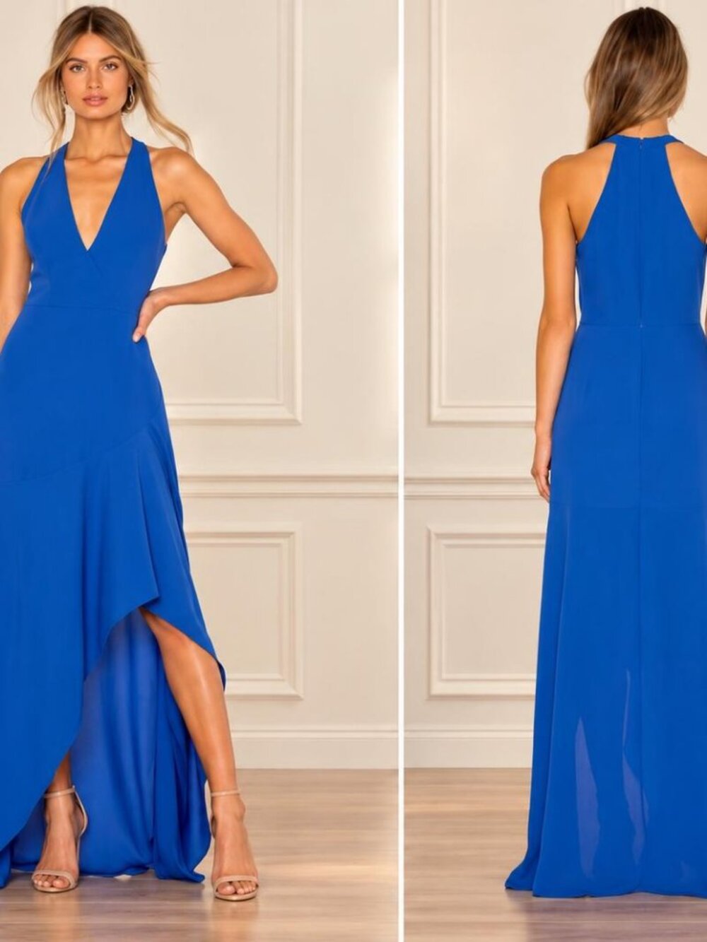 BCBGMAXAZRIA Royal Blue V-Neck Evening Gown Size 6 NWT High-Low Hem
